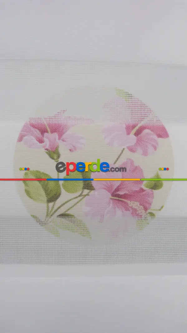 Çiçekli Desen Zebra Perde- Pembe-beyaz Buz Beyazı