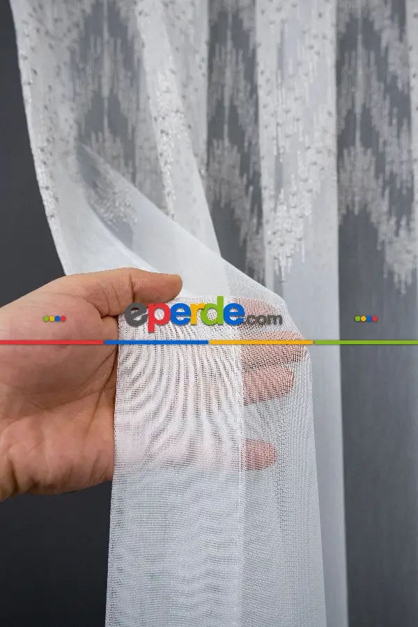 Tül Perde - Desenli Tül Perde - Salon Tül Perde - Etek Ucu Ve Ara Bantlı Gri Nakış İşlemeli Hudson Tasarım Tül Perde Modeli