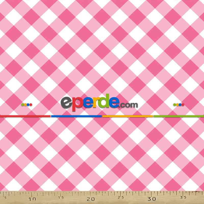 Pembe Ekoseli Mutfak Perdesi Kanat Fon Perde Desenli- Beyaz