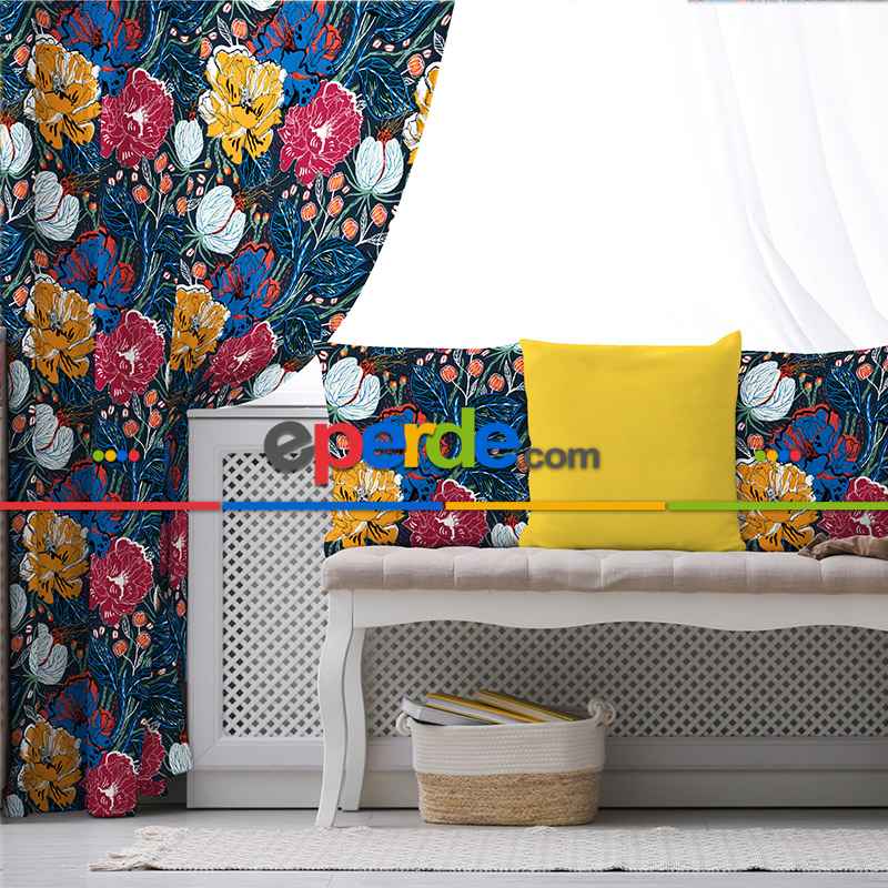 Tropik Desenli Fon Perde Evim611 Kumaşı Kalındır Duck Bezi Değildir- Mavi-beyaz