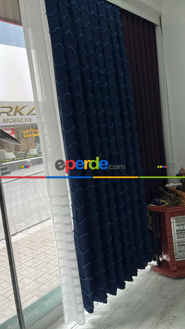 Yatak Odası - Sultan Desenli Keten Fon Perde - Lacivert