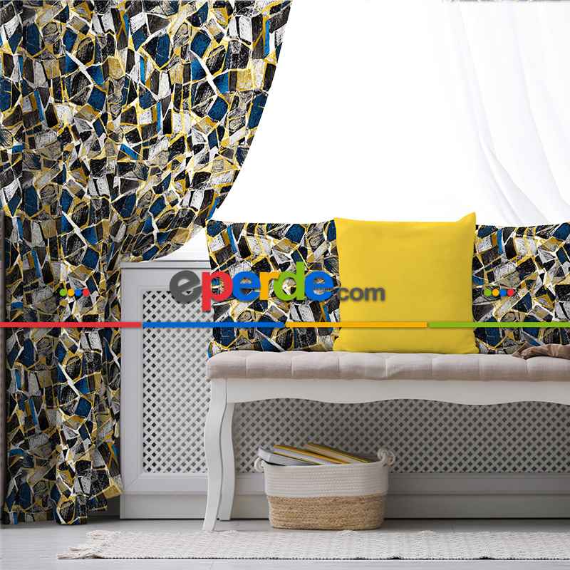 Oturma Odası Fon Perde Evim736 Kumaşı Kalındır Duck Bezi Değildir- Mavi-beyaz