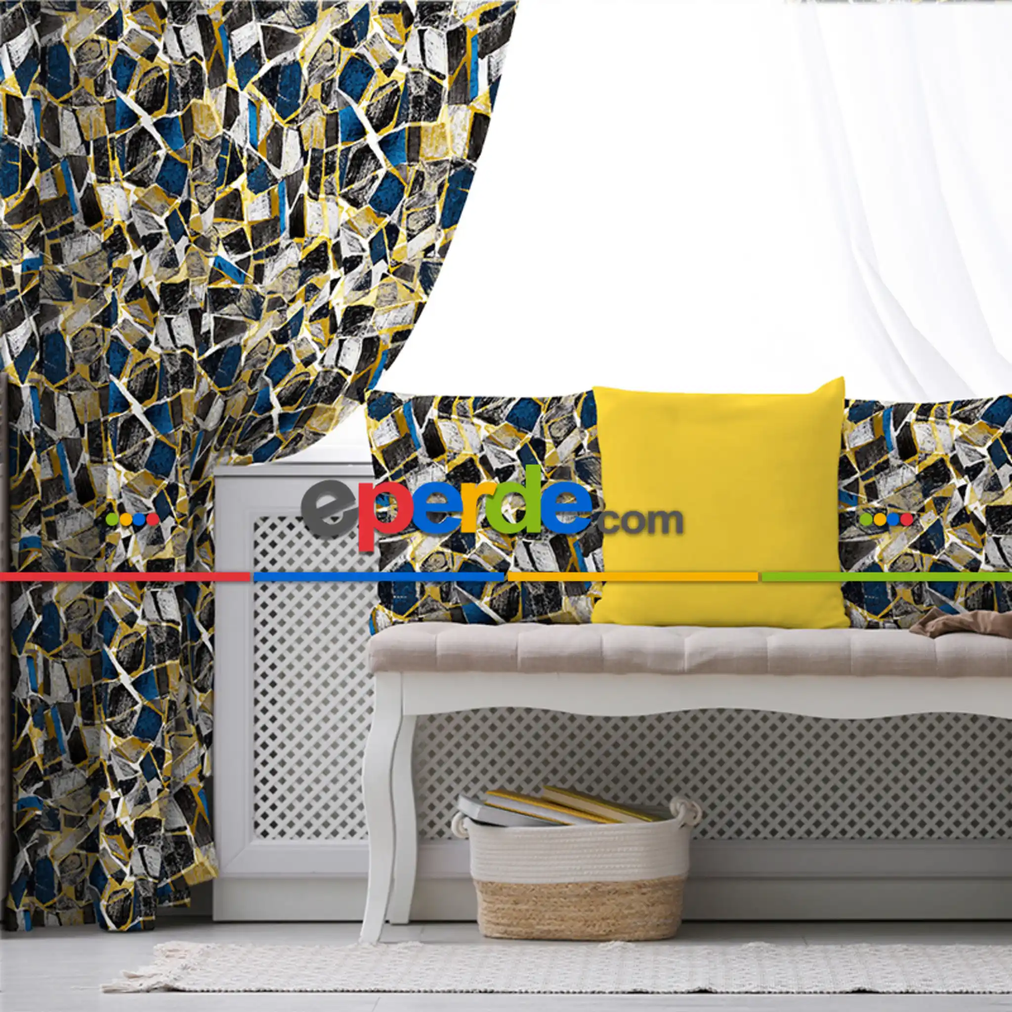 Oturma Odası Fon Perde Evim736 Kumaşı Kalındır Duck Bezi Değildir- Mavi-beyaz