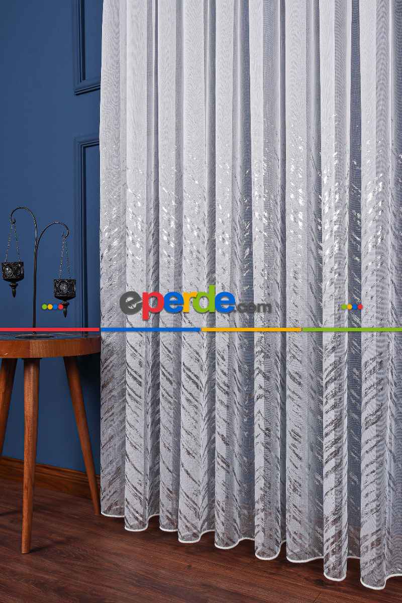 Yatak Odası - Larissa Dijital Baskılı Tül Perde Ekru-gümüş