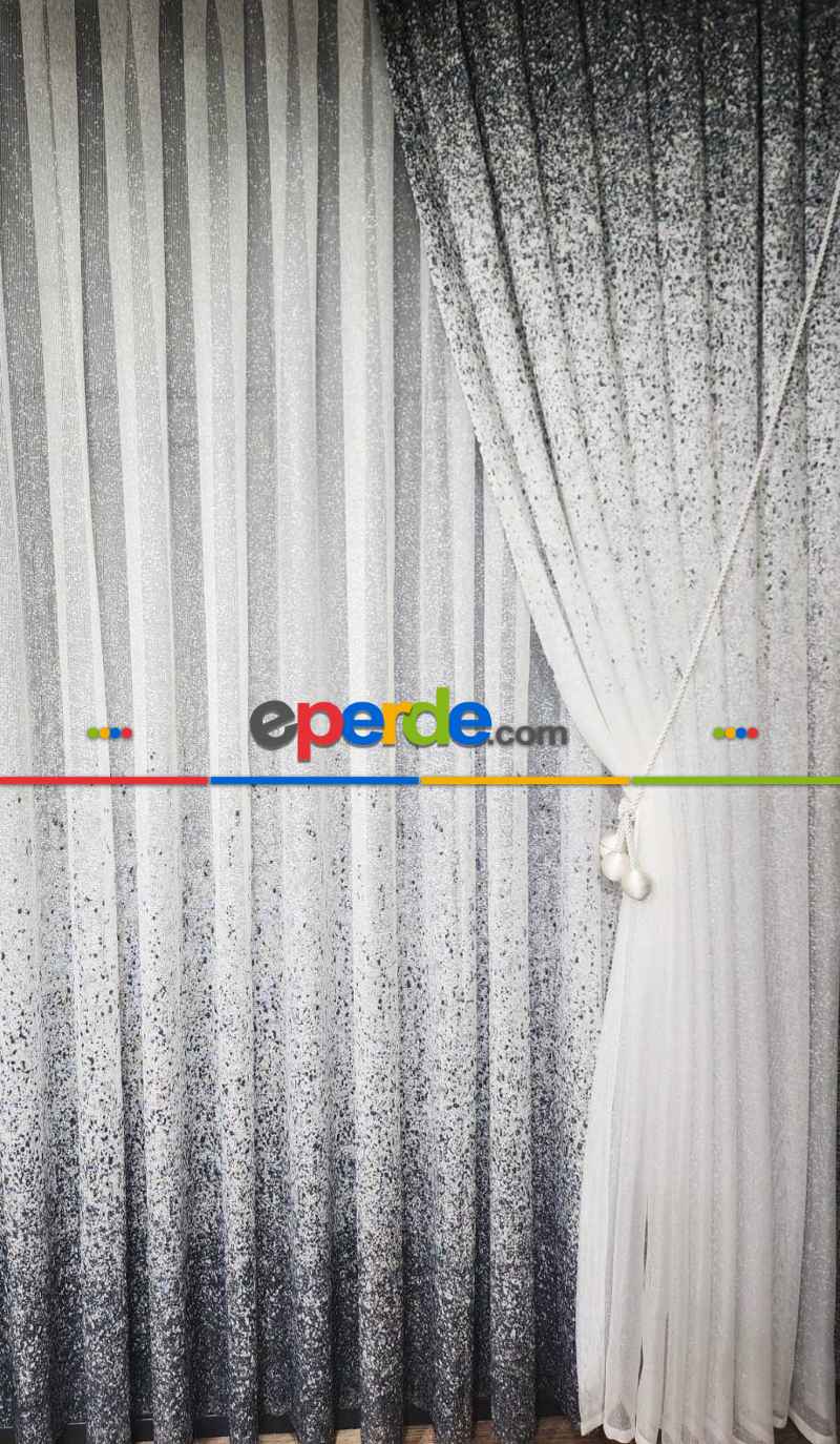 Mutfak - Üsten Dikim Renkli Gri-füme Püskürtme Tül Fon Perde