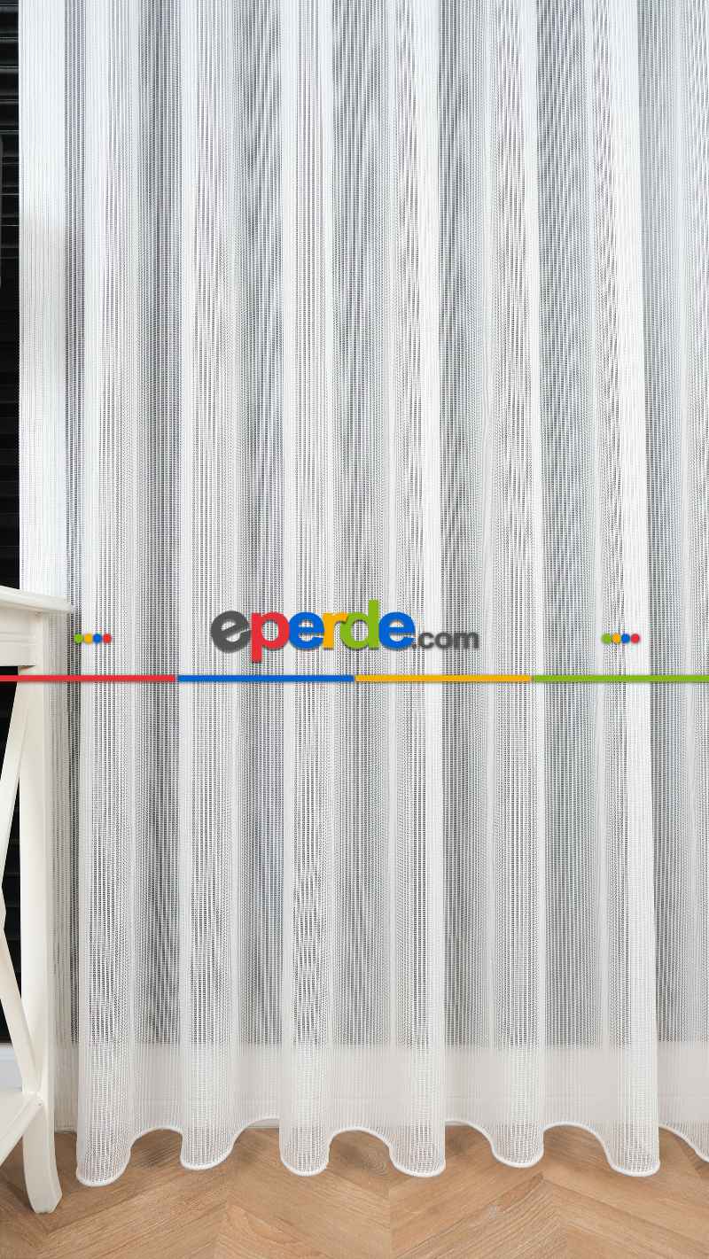 Exculusive Ekru Simli Çizgili Tül Perde Stripe