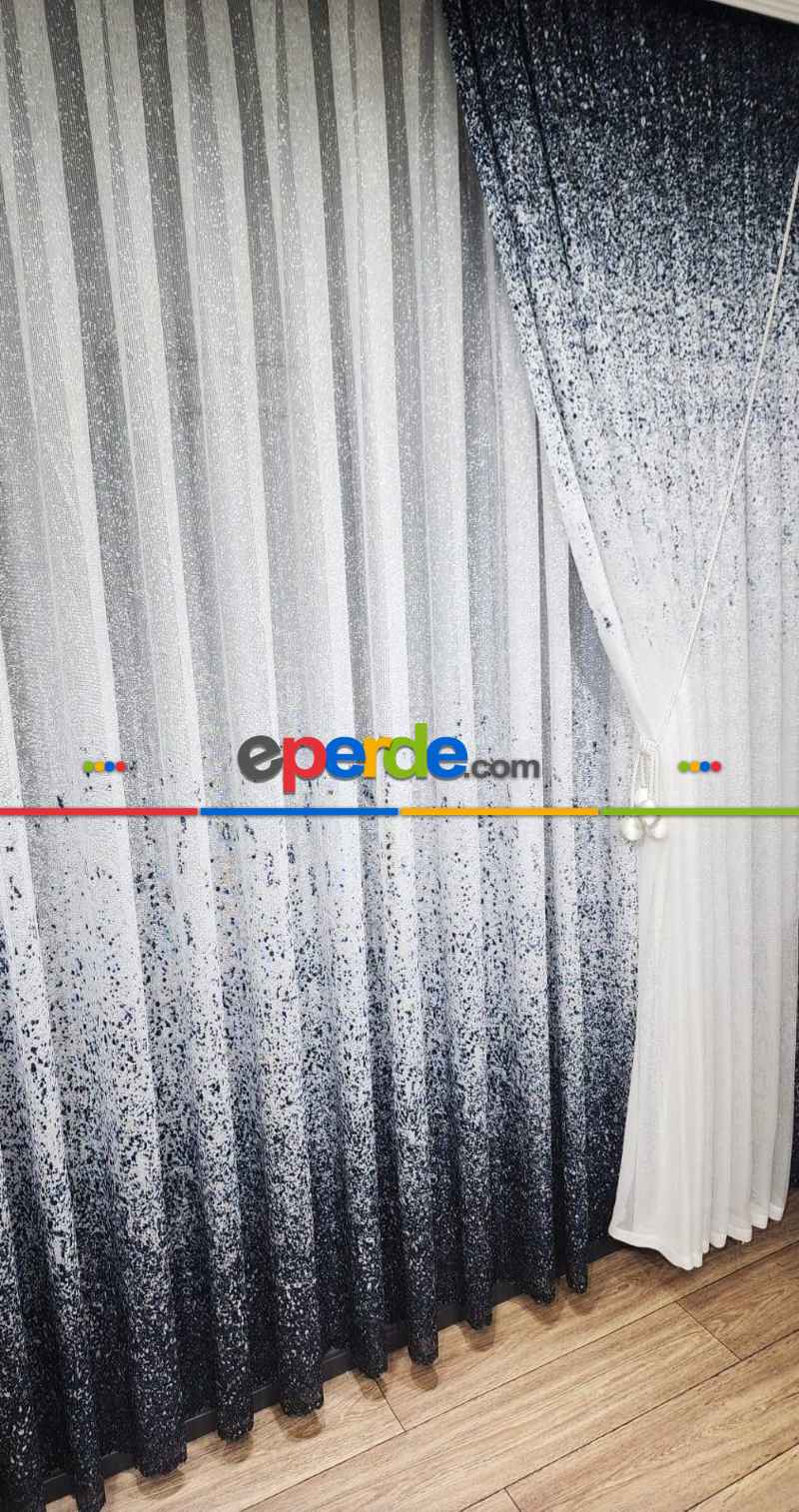 Mutfak - Üsten Dikim Renkli Lacivert Püskürtme Tül Fon Perde