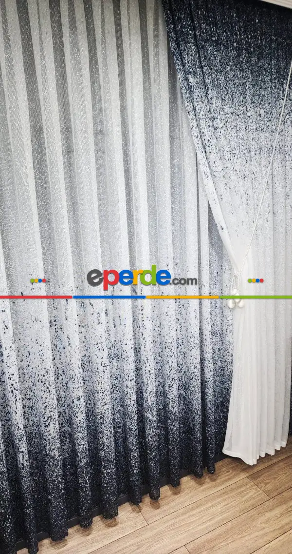 Salon Fon Perde - Üsten Dikim Renkli Lacivert Püskürtme Tül Fon Perde