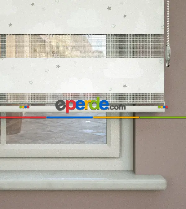 Bulut Desenli Baskılı Zebra Perde- Çok Renkli