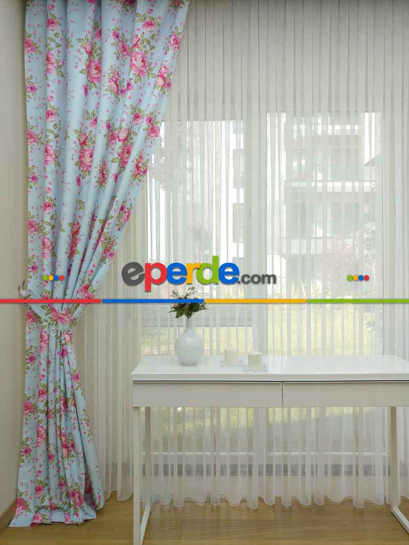 Yatak Odası - Çiçek Desenli Kaliteli Fon Perde Modelleri- Turkuaz-Pembe-Açık Yeşil