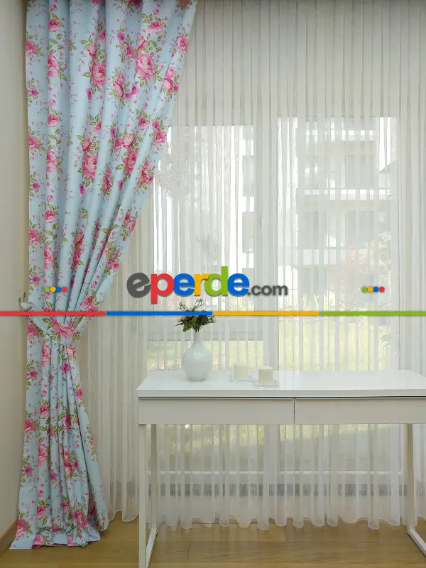 Yatak Odası - Çiçek Desenli Kaliteli Fon Perde Modelleri- Turkuaz-Pembe-Açık Yeşil