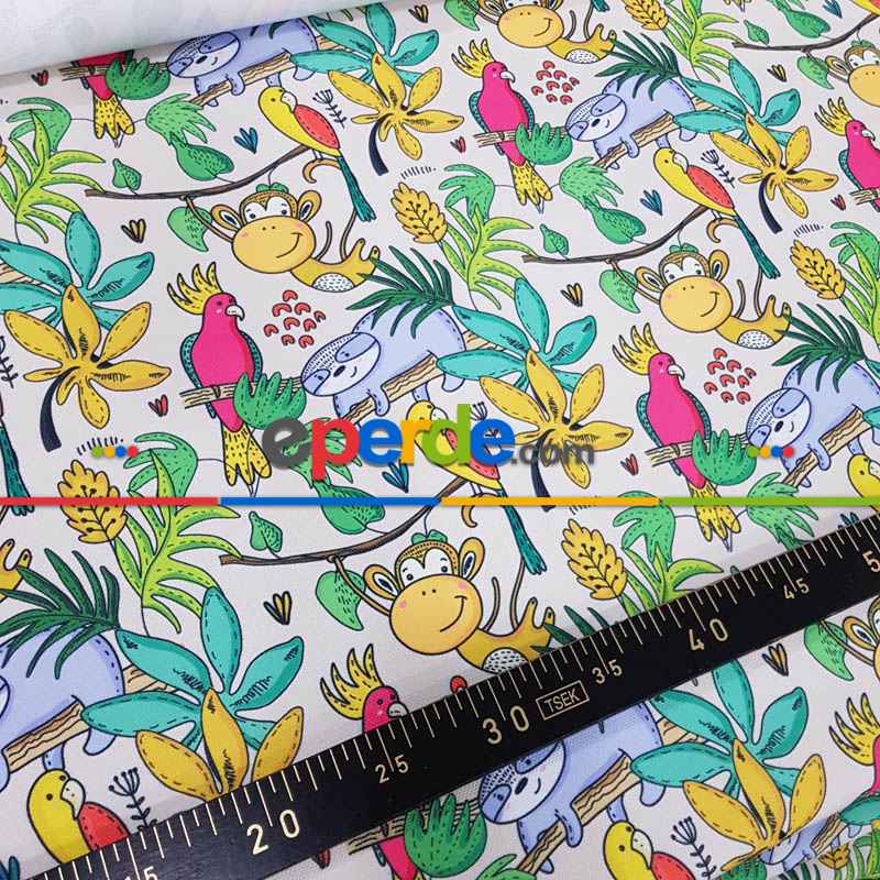 Tropikal Orman Desenli Fon Perde Evm688 Kumaşı Kalındır Duck Bezi Değildir- Yeşil-Beyaz