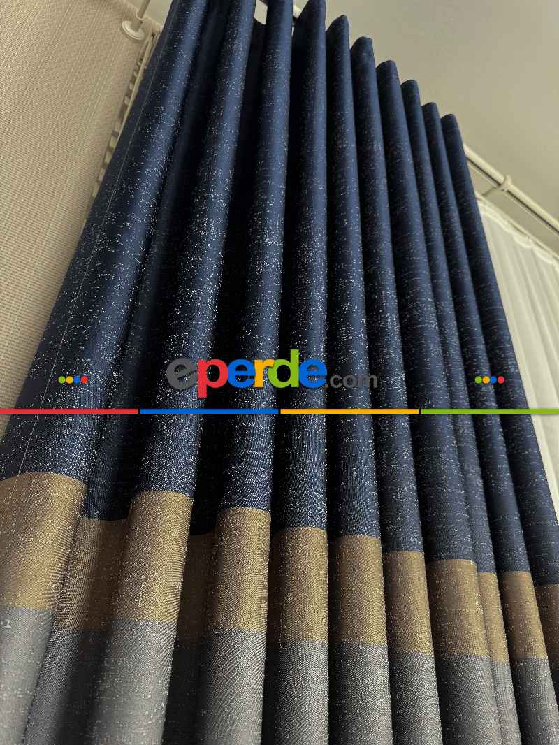 Koyu Lacivert Gri Gold Jakar Dokuma Fon Perde, Parlak Zemin