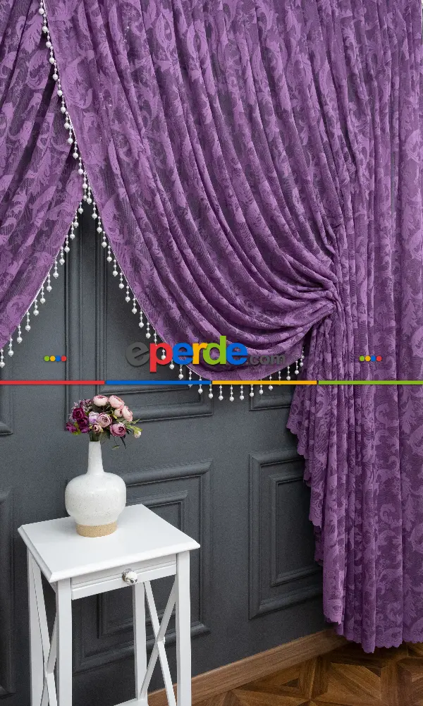 Mor Sarmaşık Desen Tül Kruvaze Şal Tül Perde Yanki Tül