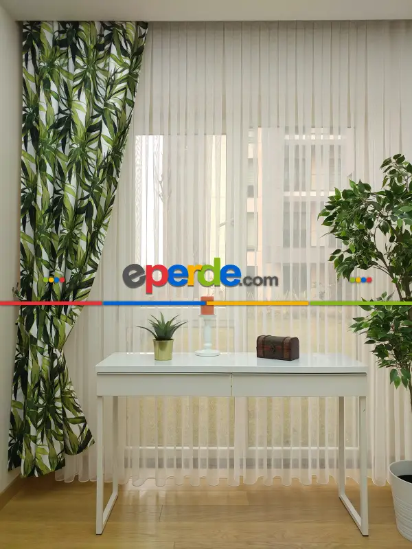 Tropikal Yapraklı Dekoratif Fon Perde Kumaşı- Kumaşı Kalındır- Yeşil-Beyaz