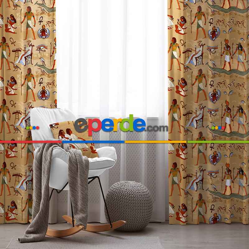 Genç Odası - Etnik Mısır Fon Perde Evim 593 Kumaşı Kalındır Duck Bezi Değildir