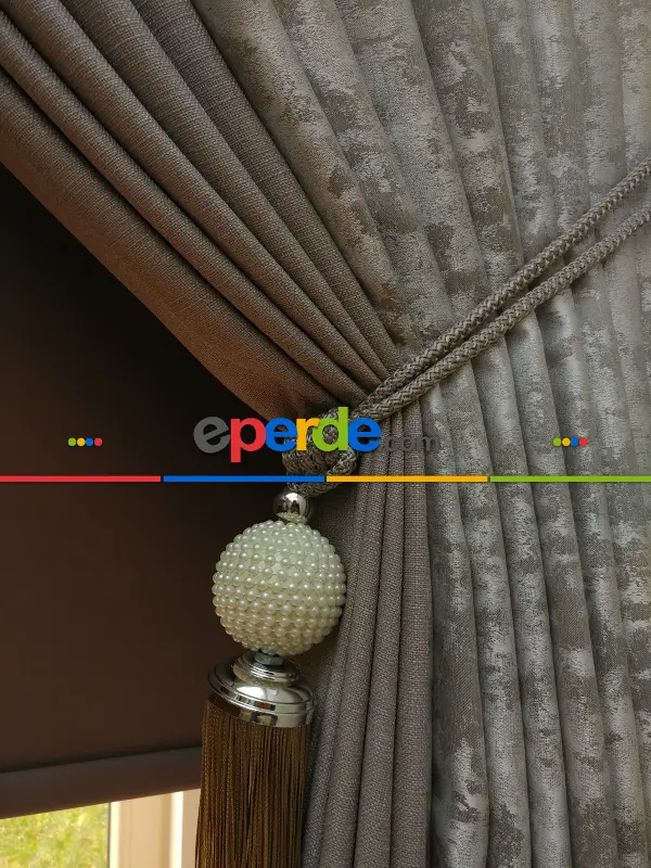 Patinedesenli Açık Vizon Pudra Renk Kombinli Desenli Fon Perde- Kahve Açık-gri Açık