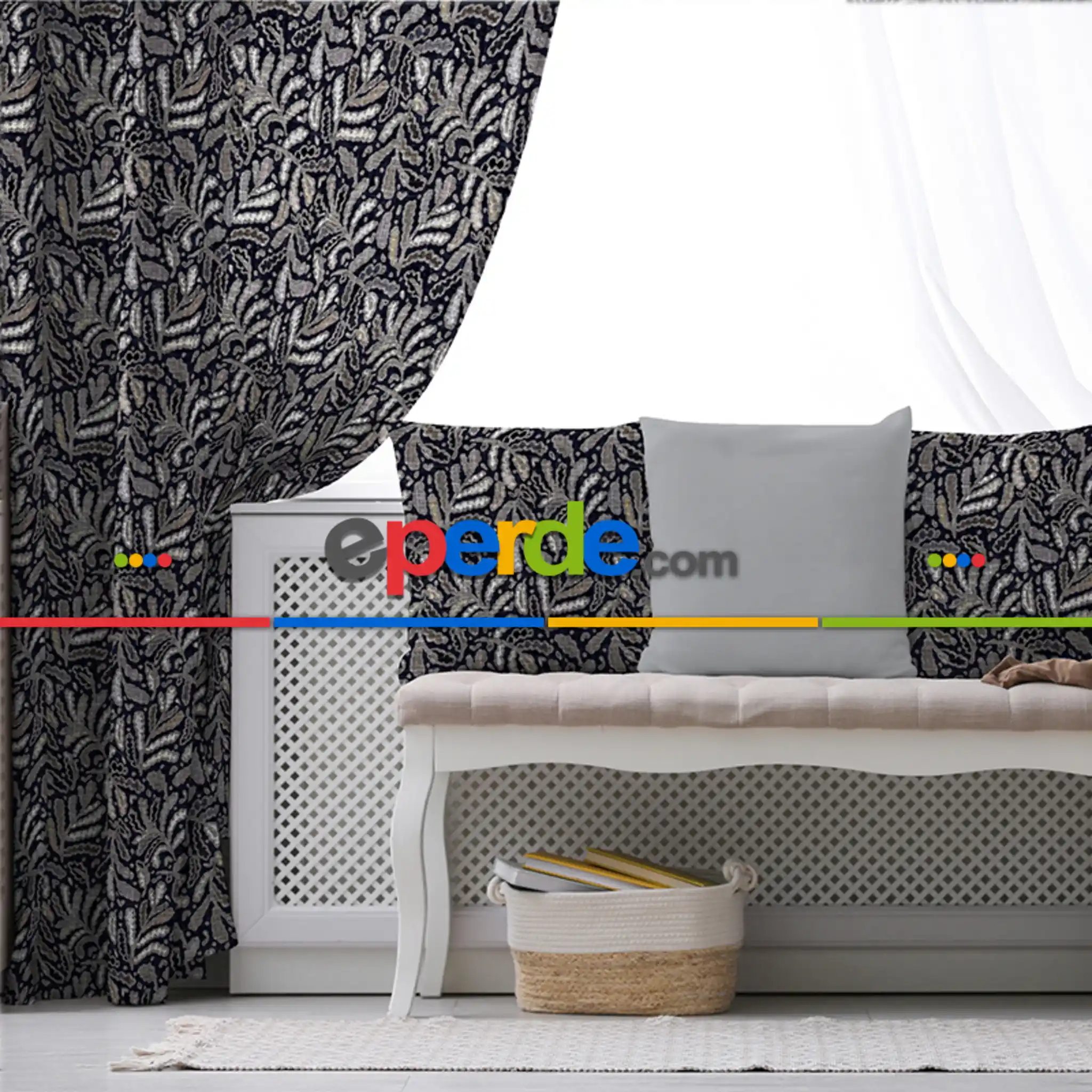 Oturma Odası Fon Perde Evim1599 Kumaşı Kalındır Duck Bezi Değildir- Mavi-beyaz