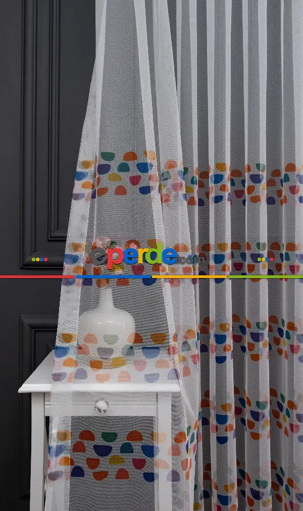 Petek Zemin Turuncu Ve Lacivert Renkli Geometrik Desenli Grek Baskılı Tül Perde