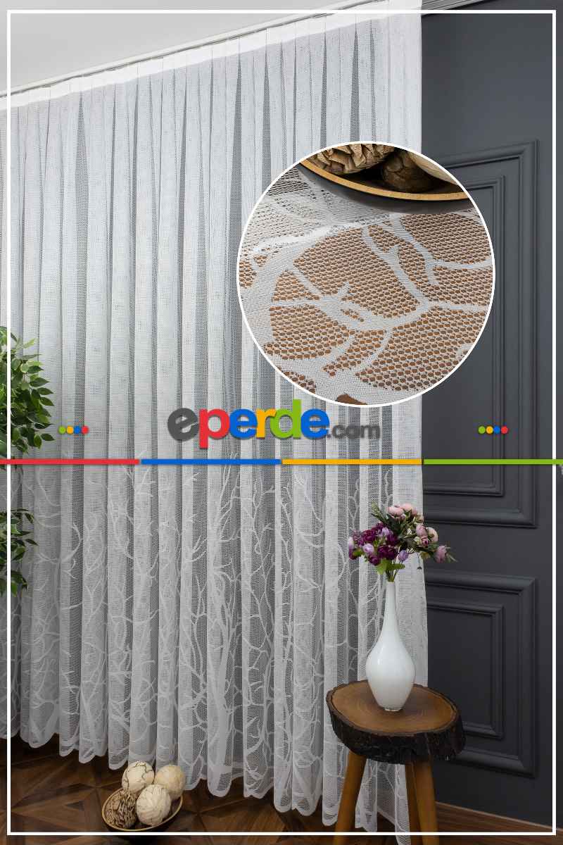 Salon - Dal Desenli Örme Tül - Ekru