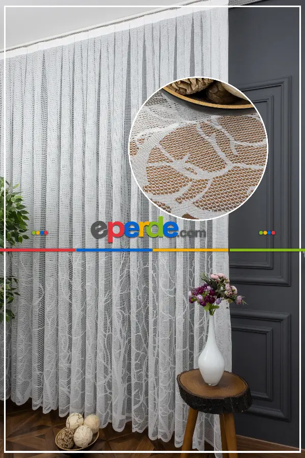 Genç Odası - Eteği Dal Ağaç Desenli Örme Tül - Ekru