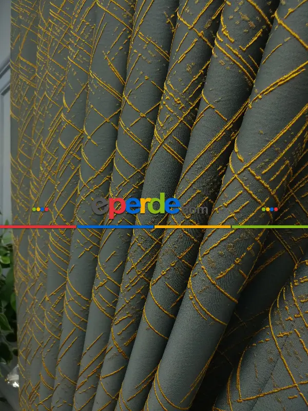 Jakar Desenli Fon Perde- Füme-hardal Sarısı