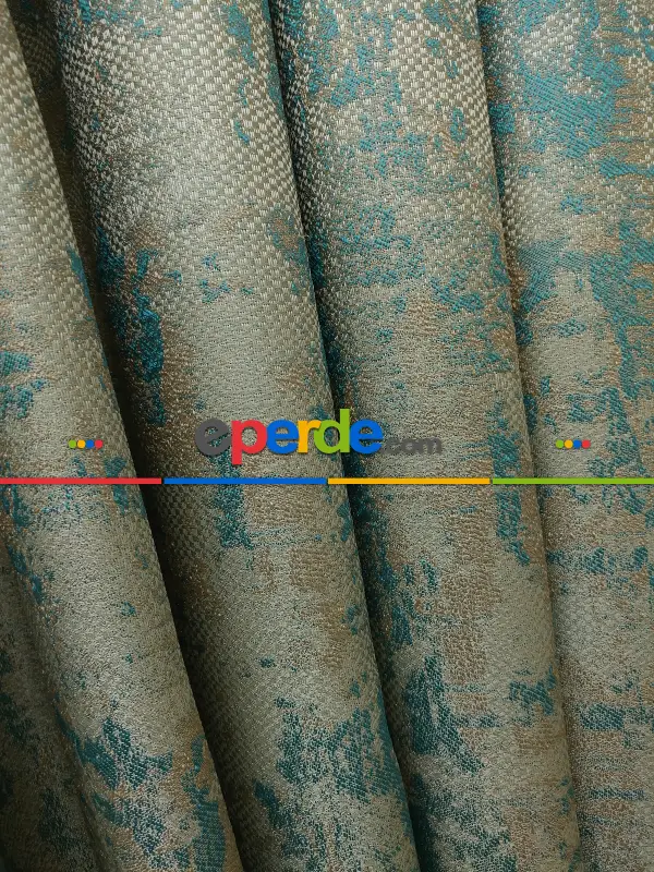 Salon Perdesi - Bej Turkuaz Desenli Jakar Fon Perde (180)- Turkuaz Yeşili Ara Renk