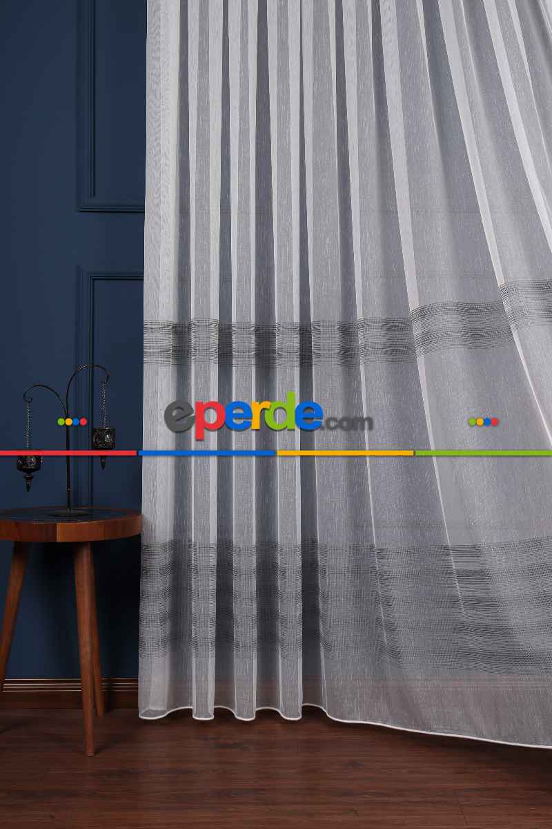 Salon Tül Modelleri - Enine Bantlı Simli Düz Tül Perde Ütü Istemez