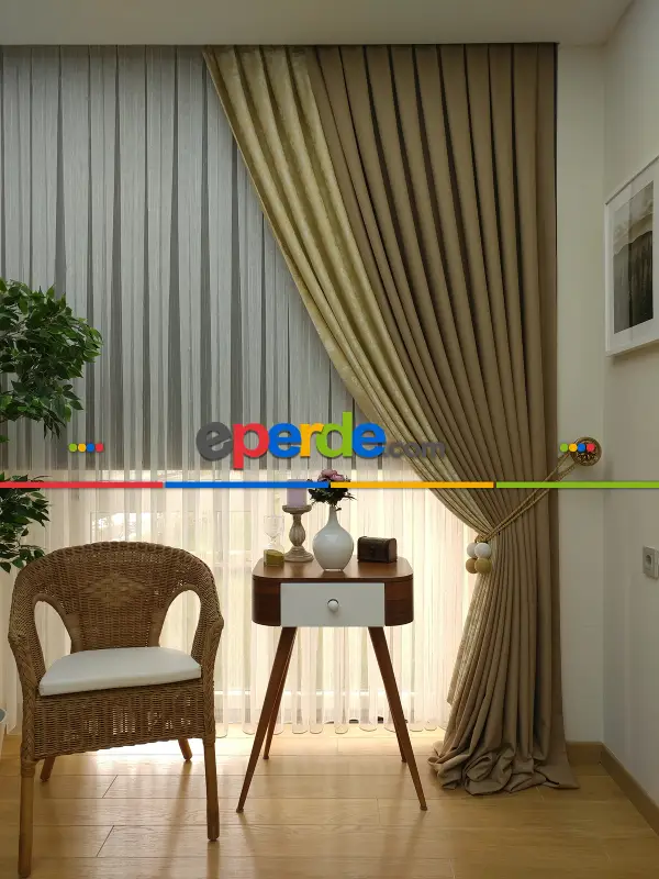 Sarı Kahve Renk Kombinli Desenli Fon Perde- Sarı-kahve