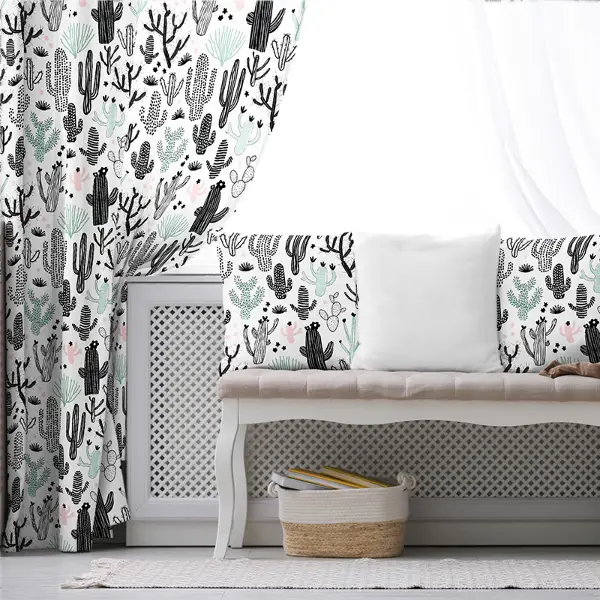 Çocuk Odası - Kaktüs Desenli Fon Perde Evim694 Kumaşı Kalındır Duck Bezi Değildir- Mavi-beyaz