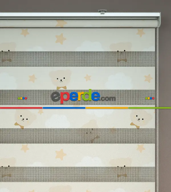 Ayıcık Desenli Baskılı Zebra Perde Açık Pembe, Krem, Açık Sütlü Kahverenginde