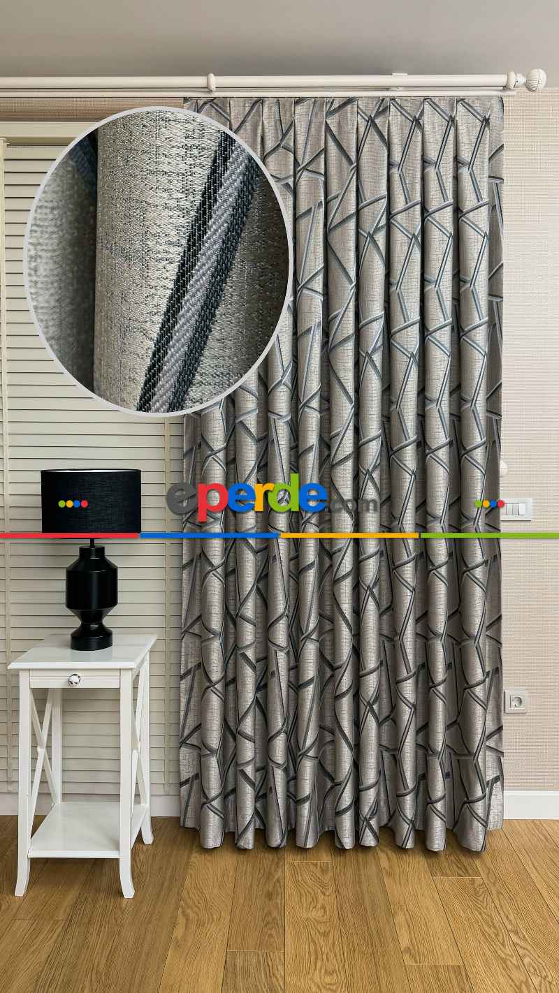 Gri Petrol Mavi Geometrik Desen Jakar Dokuma Fon Perde - Premium Seri Ağır Gramajlı
