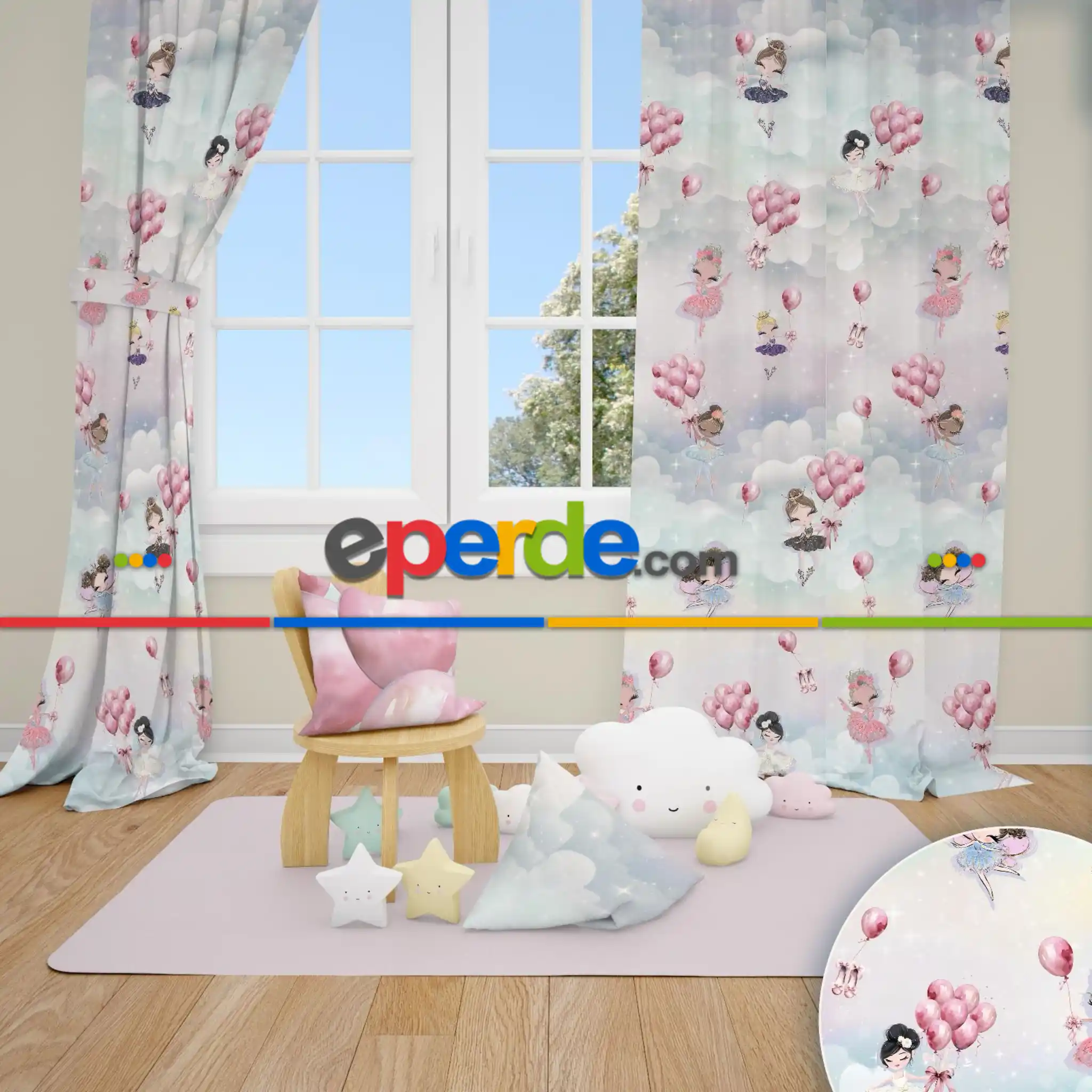 Balonlu Perili Gök Yüzü Tasarım Kız Çocuk Odası Guneslik Fon Perde