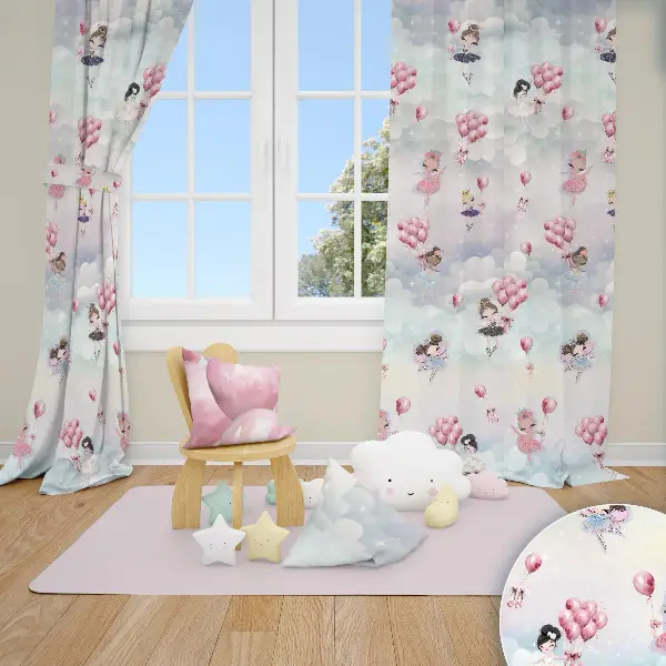 Balonlu Perili Gök Yüzü Tasarım Kız Çocuk Odası Guneslik Fon Perde