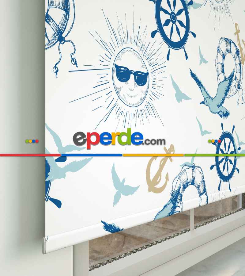 Çocuk Odası Stor Perde - Denizci Desenli Baskılı Stor Perde- Çok Renkli