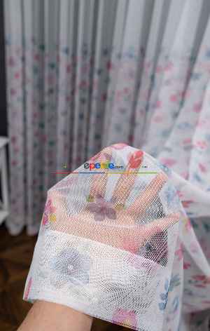 İndirimli Fiyat!! Petek Zemin Pembe Mavi Kelebek Ve Çiçek Desenli Grek Baskılı Sık Pile Tül Perde