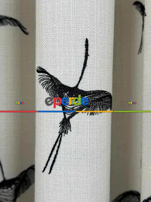 Ekru Siyah Kuş Desenli Nakışlı Keten Fon Perde Premium Kalite Serisidir, Kuş Gözü, Rustik Perde İçin Kapsül Ve Boruya Geçme Dikiş Seçeneği, Amerikan Pile Seçeneği Vardır.