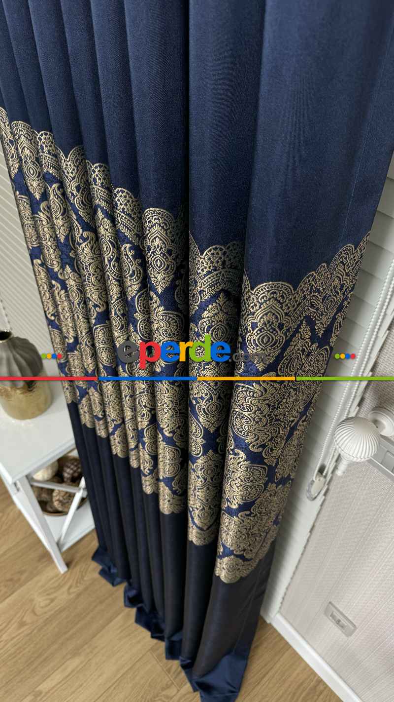 Lacivert Altın Fon Perde, Pano Damask Desenli