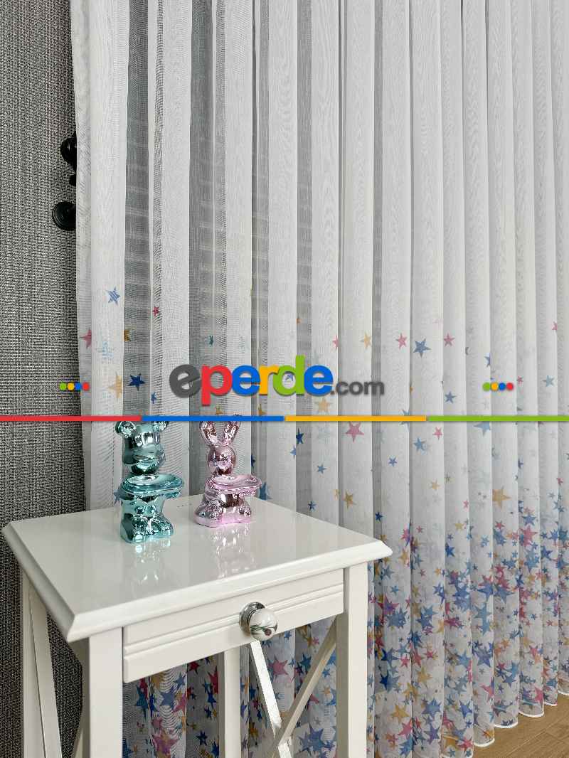 Bebek Odası Tül Perde - Çok Renkli Yıldız Baskılı Tül Perde, Çocuk-bebek Odası, Premium Seri