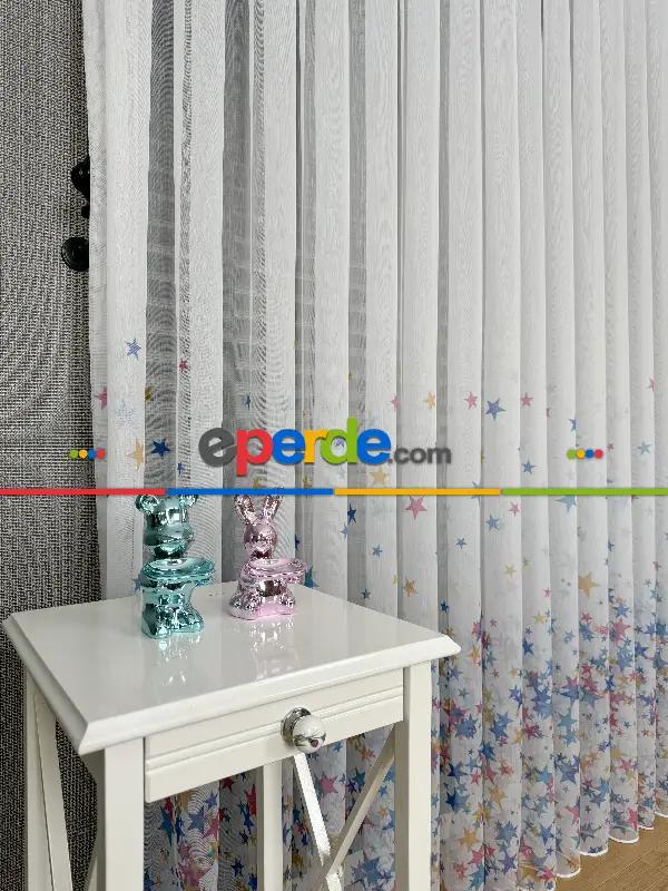 Bebek Odası Tül Perde - Çok Renkli Yıldız Baskılı Tül Perde, Çocuk-bebek Odası, Premium Seri