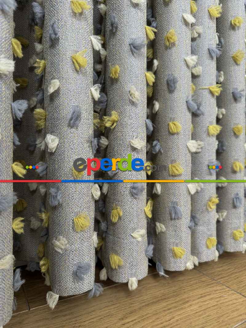 Açık Antrasit Krem Ve Sarı Ponponlu Jakar Dokuma, Premium Kalite Serisi Fon Perde