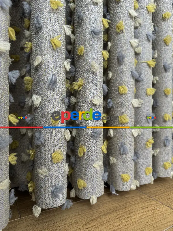 Yatak Odası - Açık Antrasit Krem Ve Sarı Ponponlu Jakar Dokuma, Premium Kalite Serisi Fon Perde