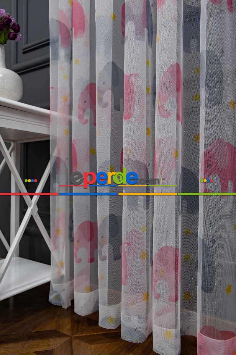 Hazır Ölçülü Petek Zemin Gri Ve Pembe Renkli Sevimli Hayvanlar Desenli Grek Baskılı Tül Perde
