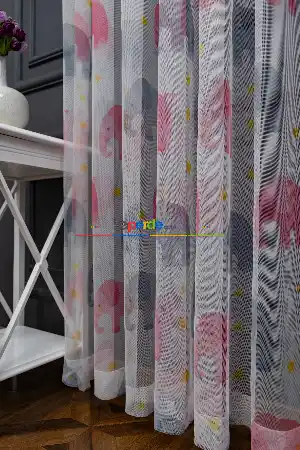 Hazır Ölçülü Petek Zemin Gri Ve Pembe Renkli Sevimli Hayvanlar Desenli Grek Baskılı Tül Perde