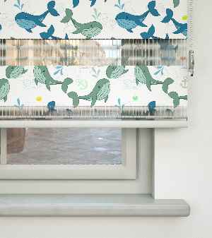 Çocuk Odası Zebra Perde - Sevimli Balina Desen Baskılı Zebra Perde- Yeşil-Mavi