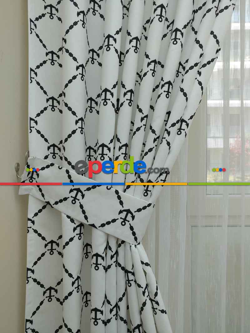 Çocuk Odası Fon - Çapa Denizci Desenli Fon Perde Modelleri- Siyah