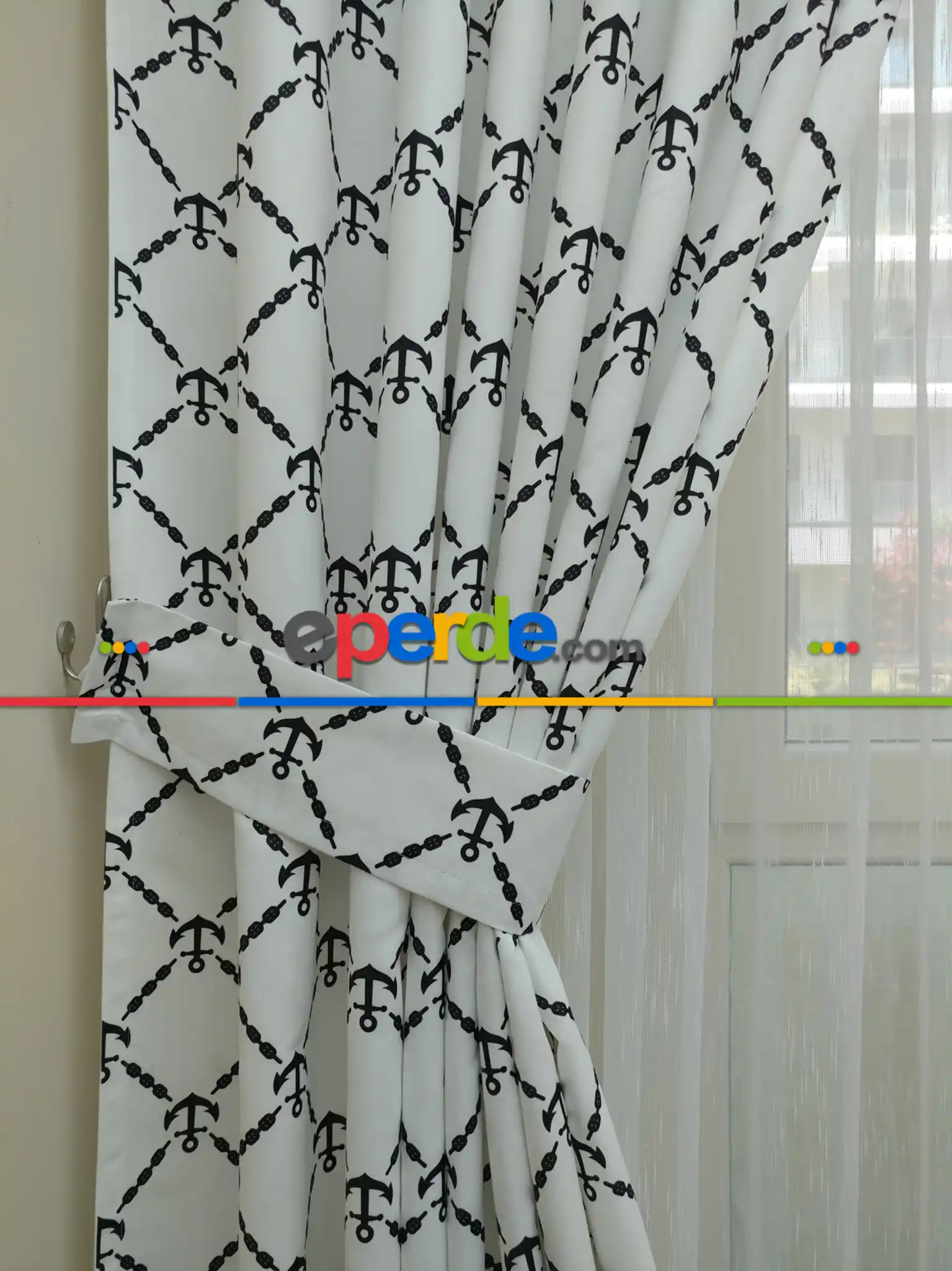 Çapa Denizci Desenli Erkek Bebek Ve Çocuk Odası Fon Perde Modelleri- Siyah-Beyaz