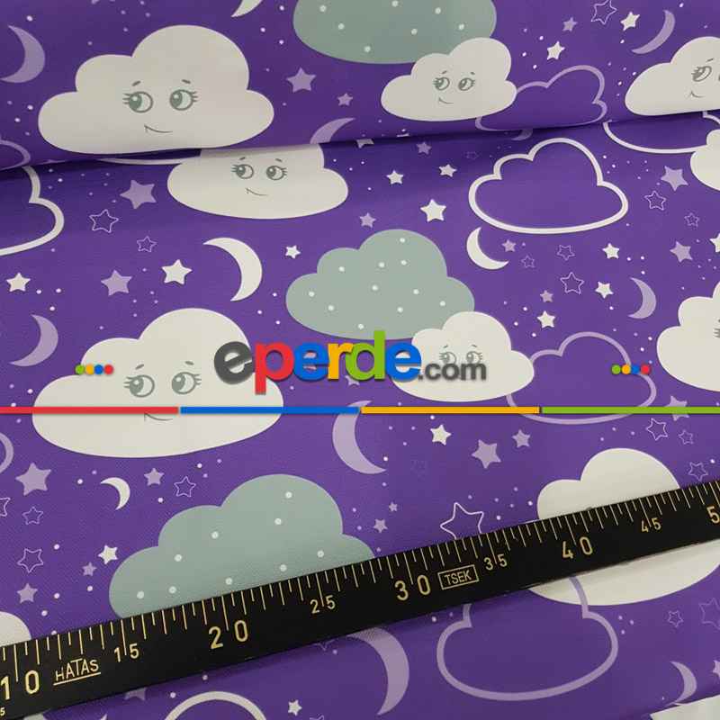 Bulut Desenli Fon Perde Evm683-3 Kumaşı Kalındır Duck Bezi Değildir- Beyaz-Mor-Lila Koyu Lila