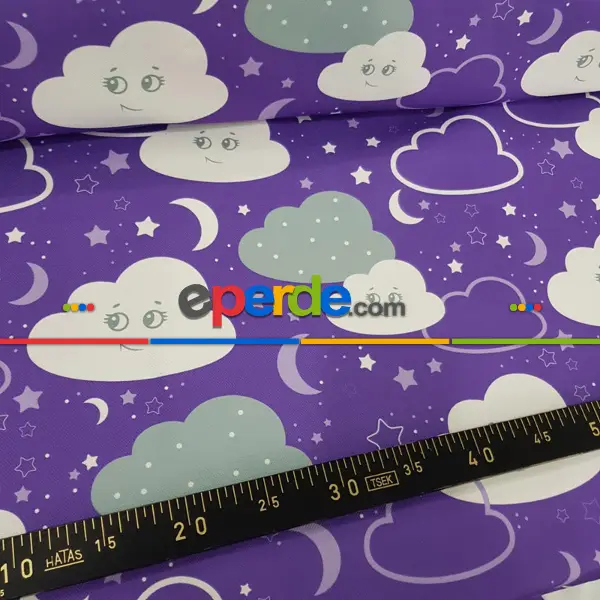 Bebek Odası Fon - Bulut Desenli Fon Perde Evm683-3 Kumaşı Kalındır Duck Bezi Değildir- Beyaz