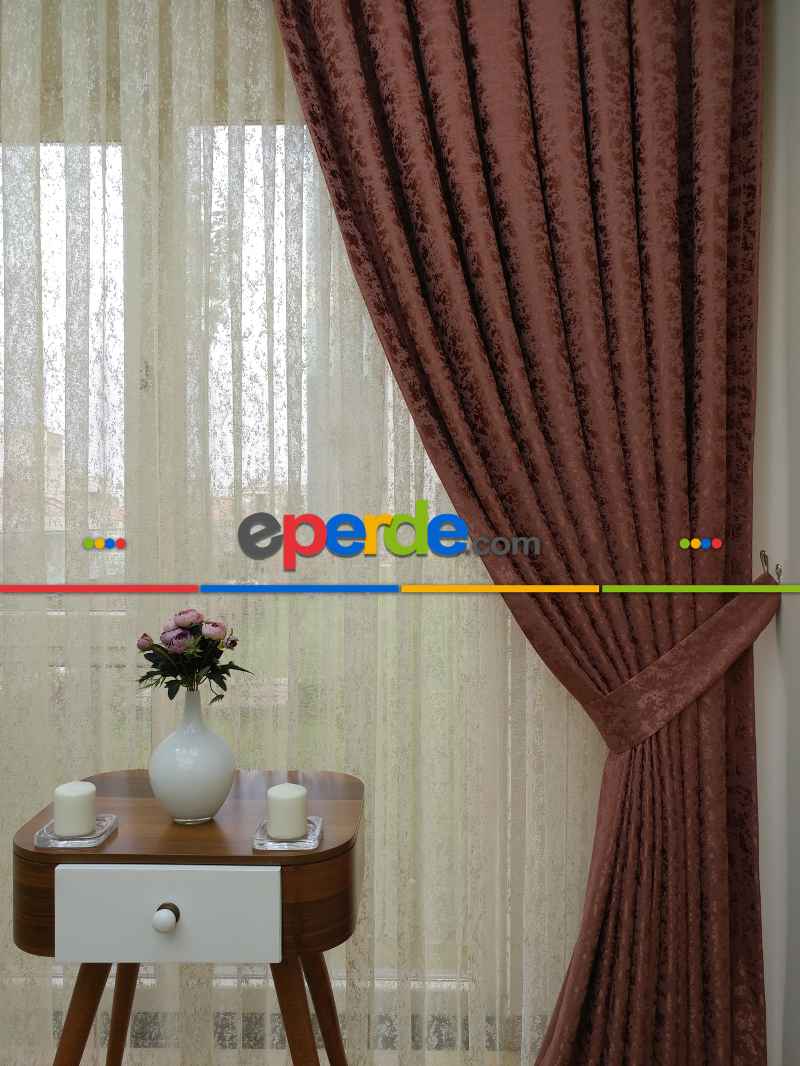 Bakır Duz Jakar Fon Perde (180)- Kiremit Rengi